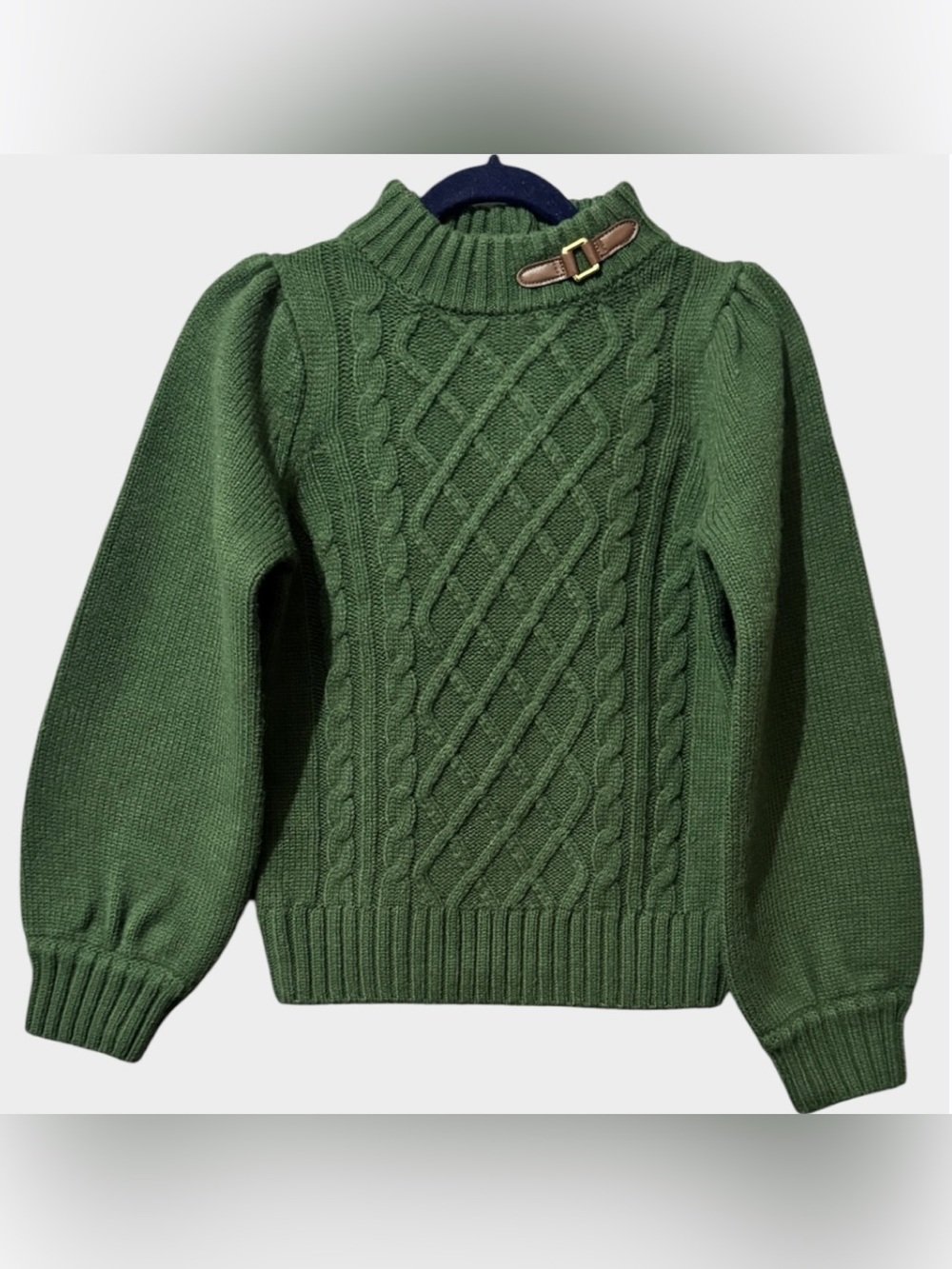 Janie and Jack Girls 6 Green Cable Knit Buckle Sweater Equestrian Puff Sleeve
